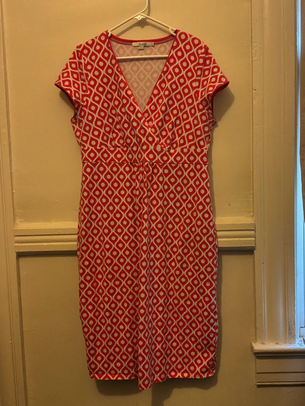 Boden Red Geo-Print V-Neck Midi Dress